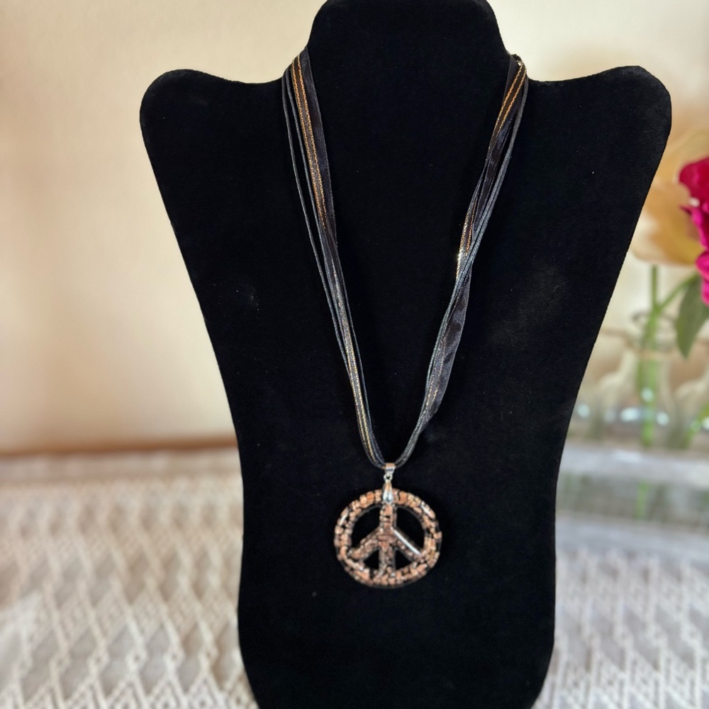 Peace Sign Reversible Copper / Black Pendant Necklace Black and Gold Ribbon.